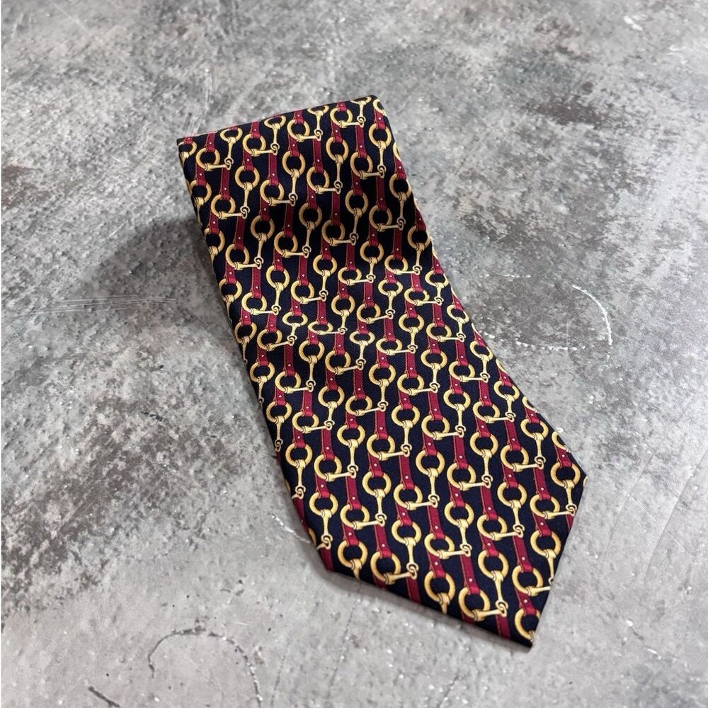 Vintage Gucci Horsebit Silk Tie Made in Italy Navy Red Gold Tom Ford Era